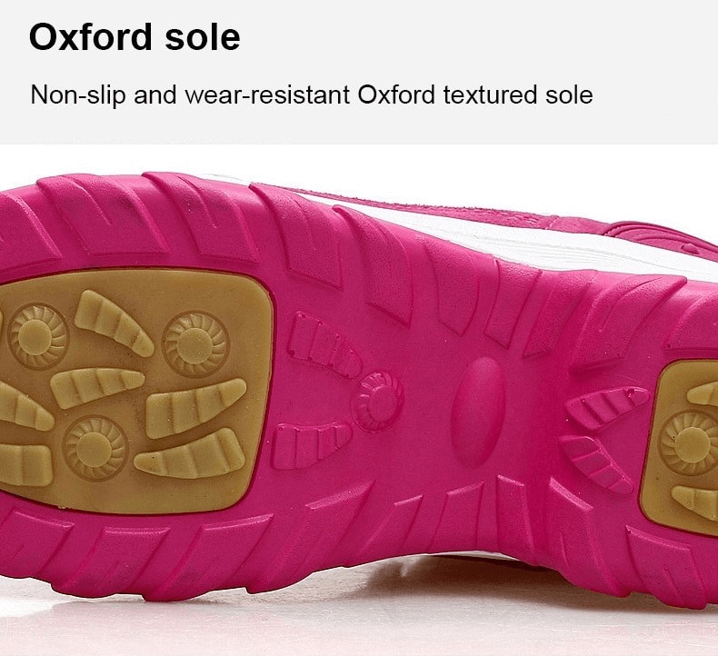 Close-up of pink sneaker with non-slip Oxford sole highlighting wear-resistant texture.